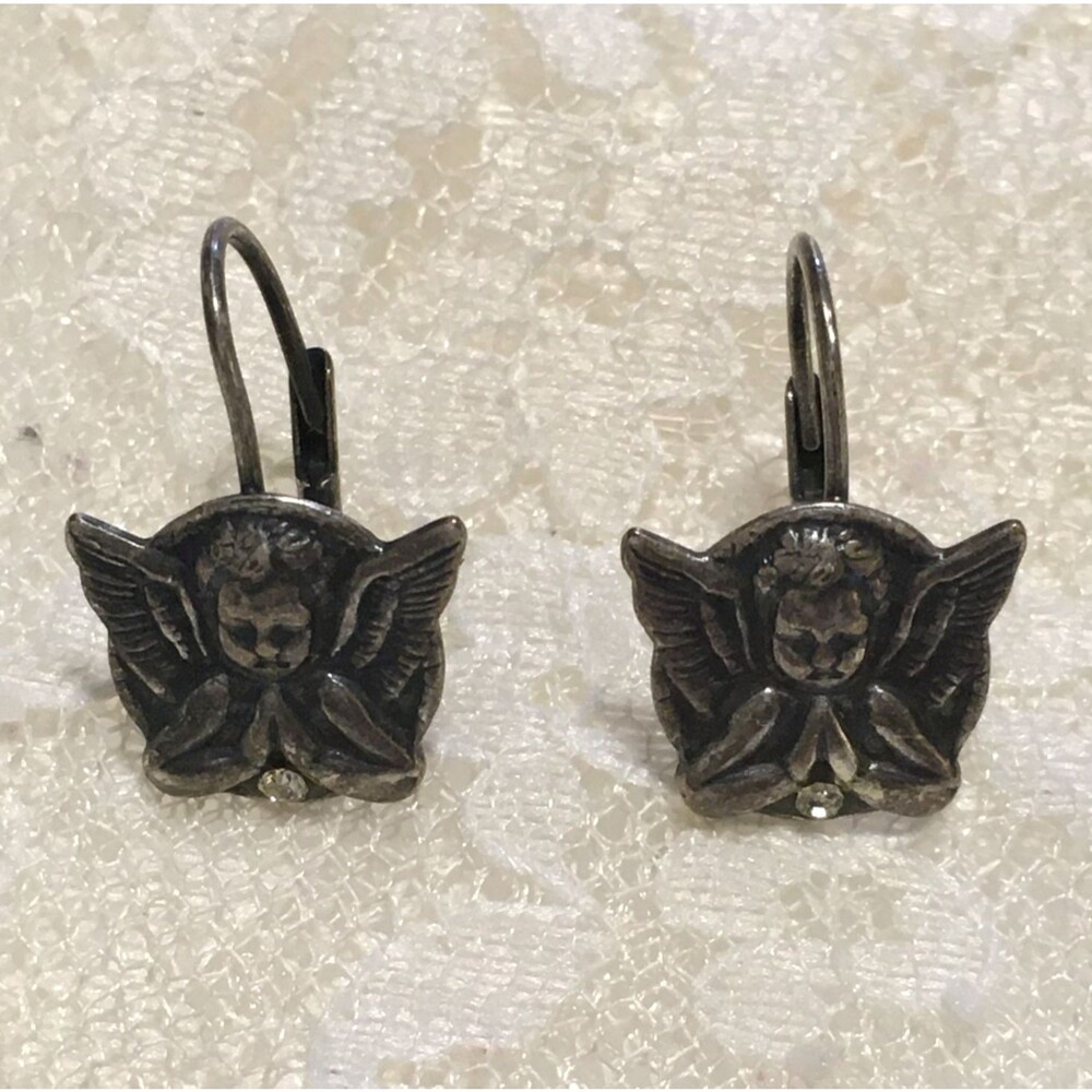 Cherub Angel Earrings Silver tone Praying Angels Rhinestone Pierced Lever back